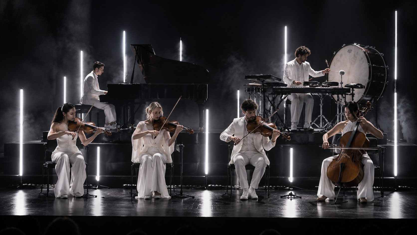 Glow Symphony six-piece ensemble surrounded by light